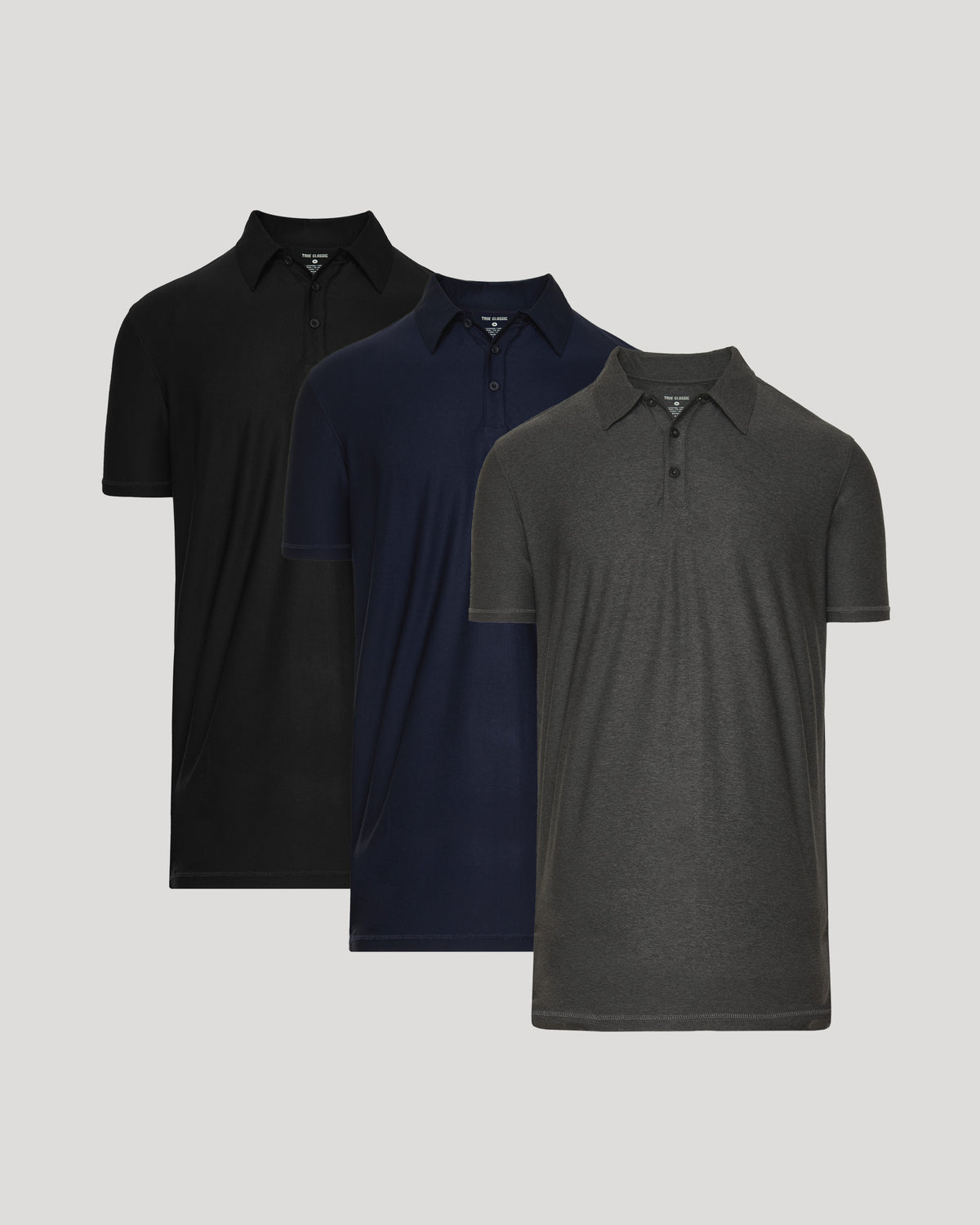 Three men's polos in black, navy, and dark gray showcasing the Tall Active Polo - Men's Performance Stretch Polo Shirt - Moisture Wicking Athletic Fit with a classic collar and short sleeves.