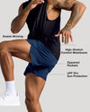 Man running in 7 Navy Active Training Shorts 2.0, showcasing performance features.