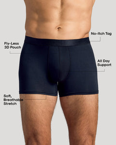 True ClassicBlack Boxer Trunks 12-Pack showcasing flyless 3D pouch and no-itch tag.
