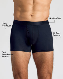 True ClassicBlack Boxer Trunks W/ Fly 3-Pack showcasing stretch, support, and 3D pouch.