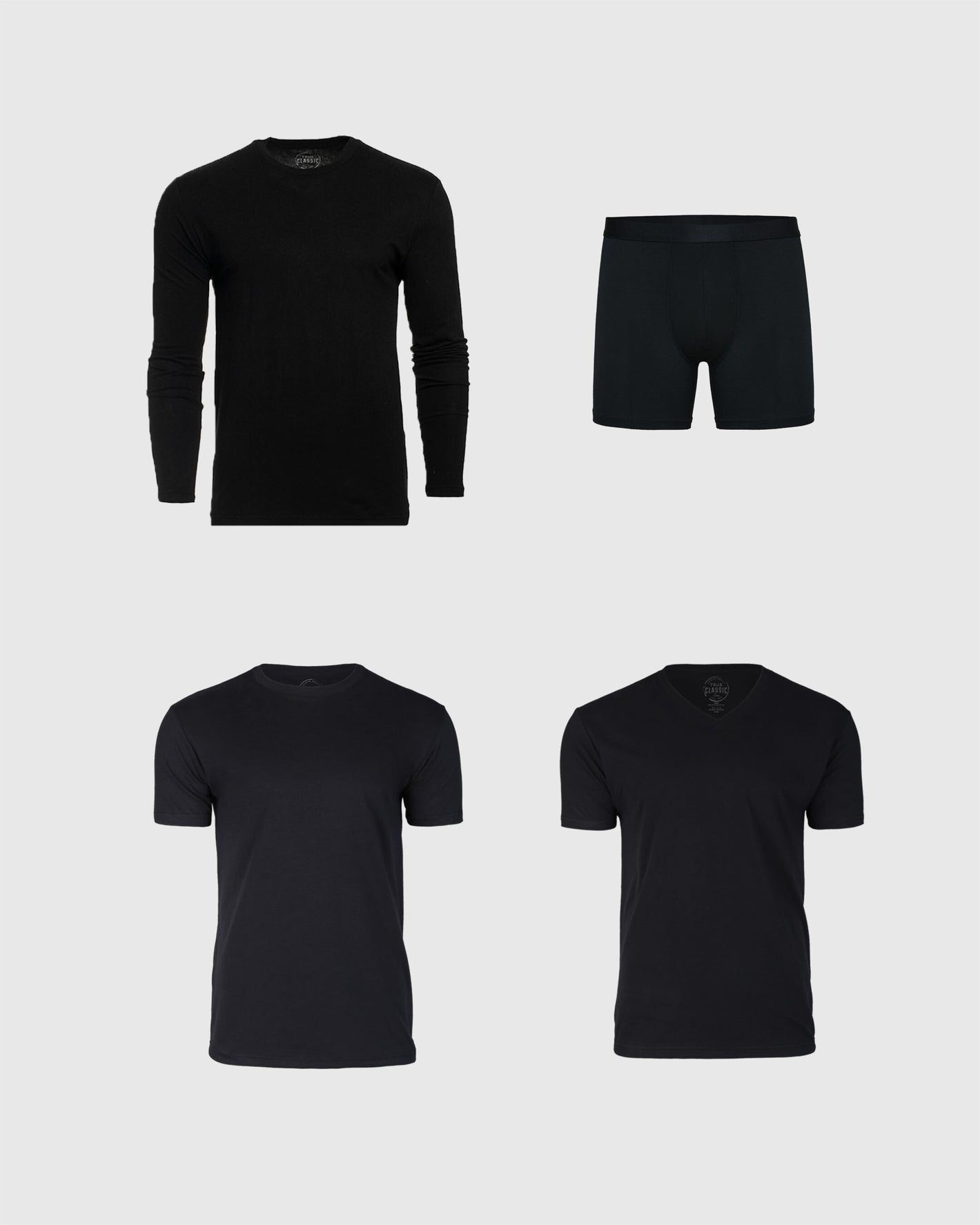 Try 1 of Everything 4-Pack featuring black undergarments: thermal, boxer briefs, short-sleeve crew, and V-neck shirt.