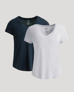 Womens Navy & White Relaxed Slub V-Neck Tee 2-Pack