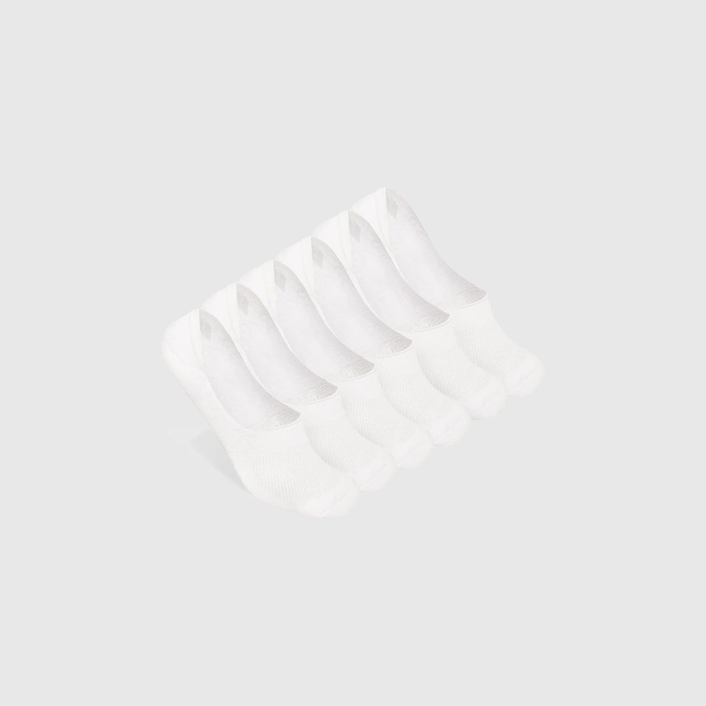 White Never Show Socks 3-Pack, fanned, featuring seamless toe and rubber stopper.