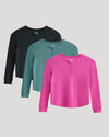 Girls Long Sleeve Boxy Waffle Henley 3-Pack overlapping in black, teal, pink.
