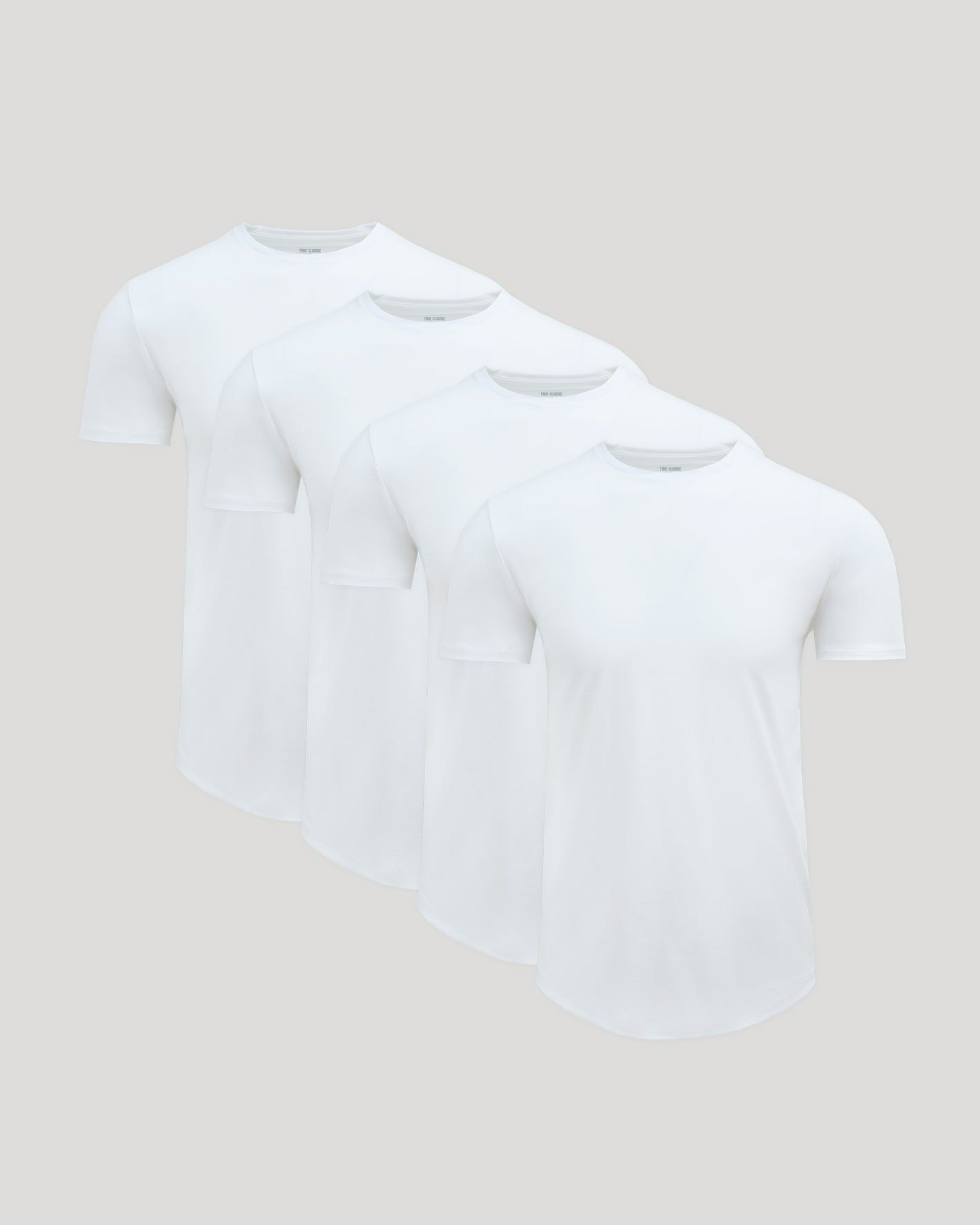 White Premium Pima Crew Curved Hem 4-Pack arranged in a fan layout.