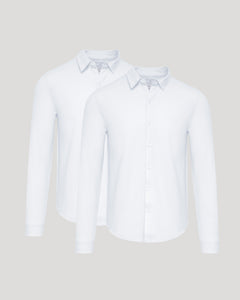 True ClassicWhite Stretch Long Sleeve Modern Knit Oxford 2-Pack, overlapping, button-up shirts.