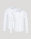 White Stretch Long Sleeve Modern Knit Oxford 2-Pack, overlapping, button-up shirts.