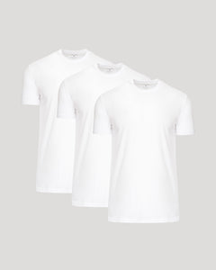 True ClassicWhite Tall Active Crew 3-Pack t-shirts layered on light gray background.