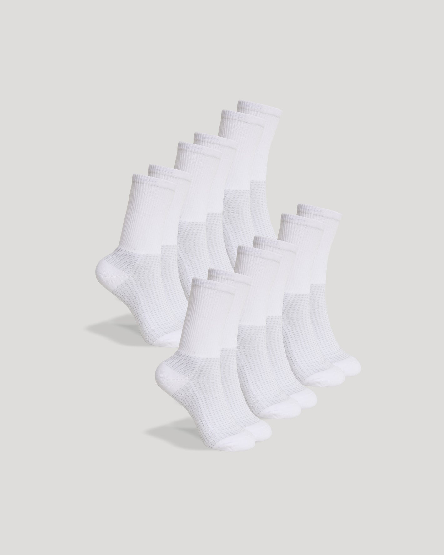 White Active Half Crew Socks 6-Pack, featuring seamless toes and Y-stitched heels.