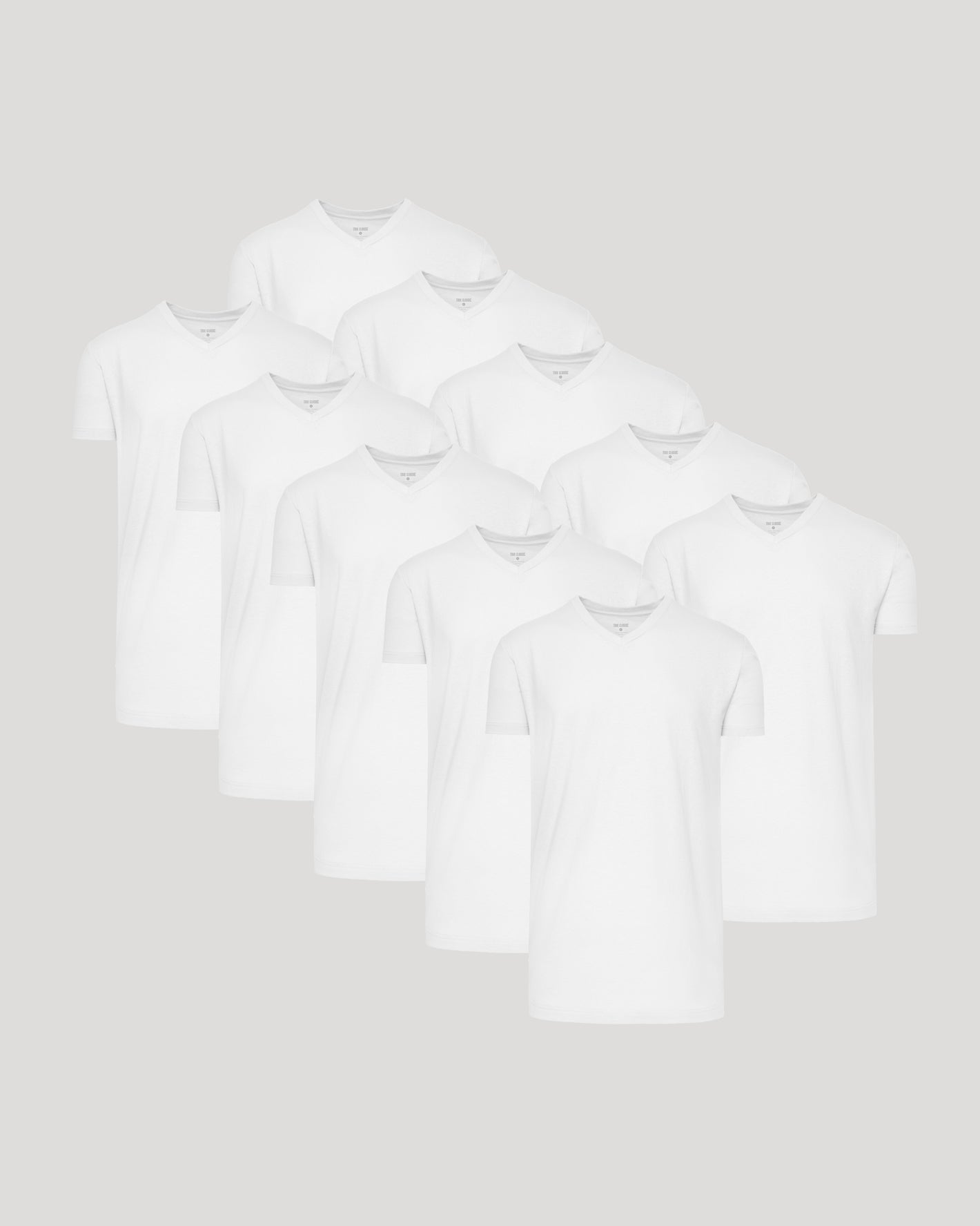 White Classic Tall V-Neck 10-Pack, staggered display, short-sleeve, V-neck T-shirts.