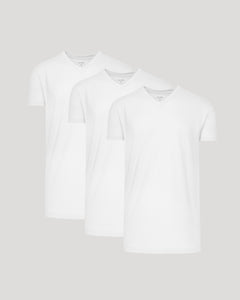 True ClassicWhite Short Sleeve Tall Classic V-Neck 3-Pack neatly overlapped display.