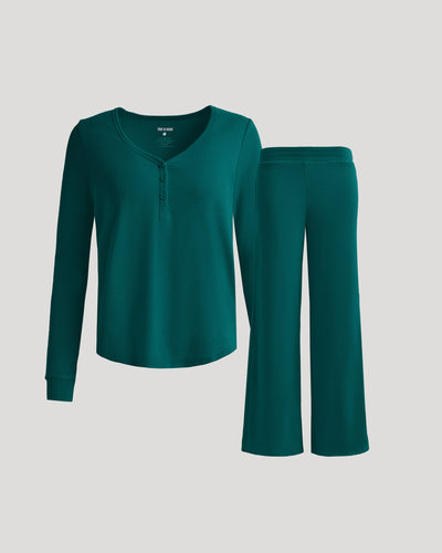Waffle Henley & Waffle Pants Set - Deep Emerald