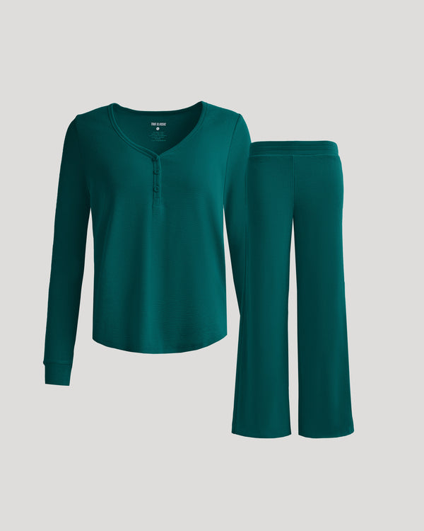 Womens Deep Emerald Waffle Long Sleeve Henley & Waffle Leg Pant