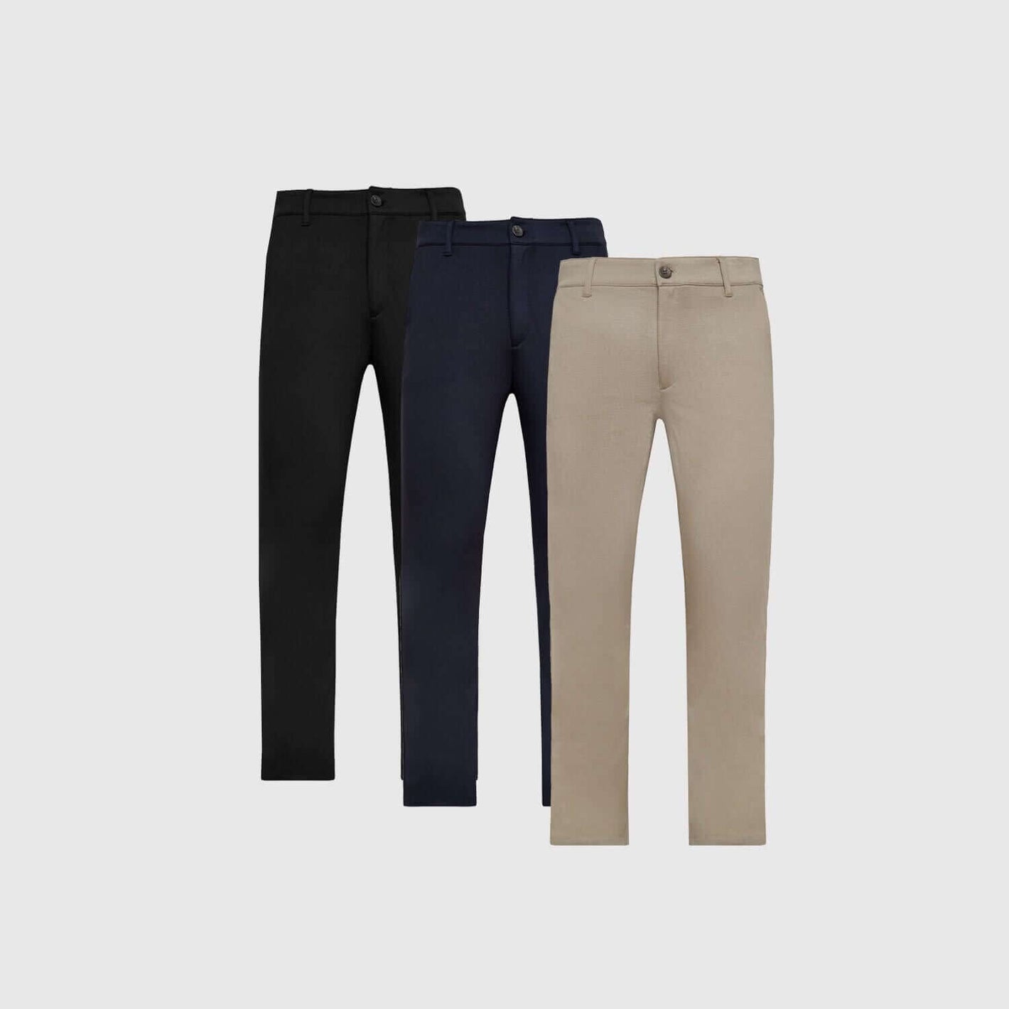 Neutral Slim Comfort Knit Chino Pant 3-Pack in black, navy, and khaki.