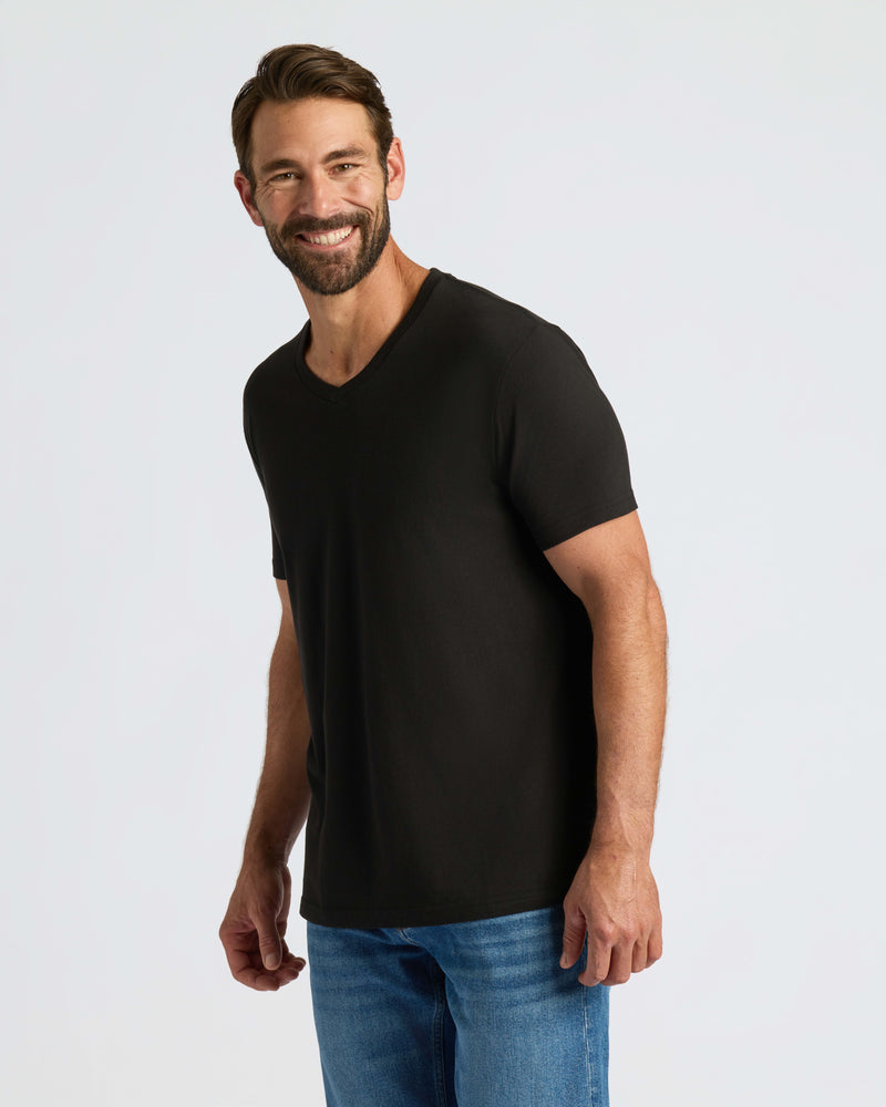 Man wearing Classic V-Neck T-shirt with relaxed, casual style.