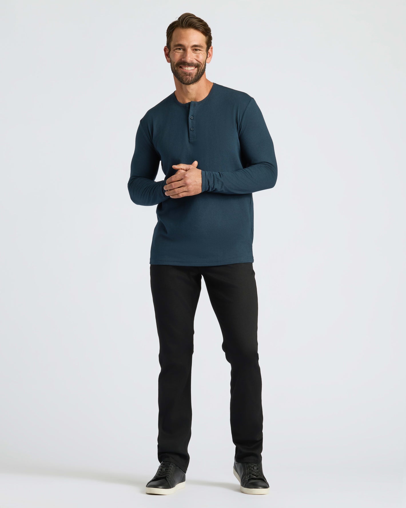 True Classic Men’s Long Sleeve Henley, soft cotton blend, classic 3-button style.