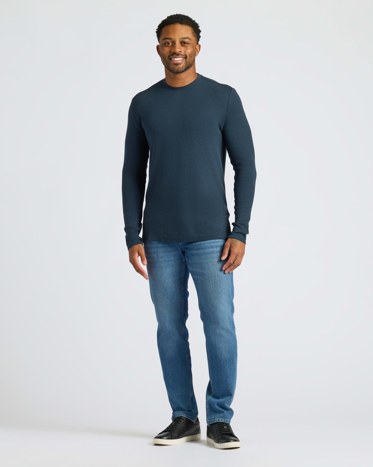 Navy Waffle Long Sleeve Crew Neck