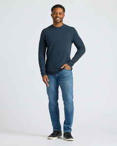 True ClassicMan in Navy Waffle Long Sleeve Crew Neck, jeans, sneakers.