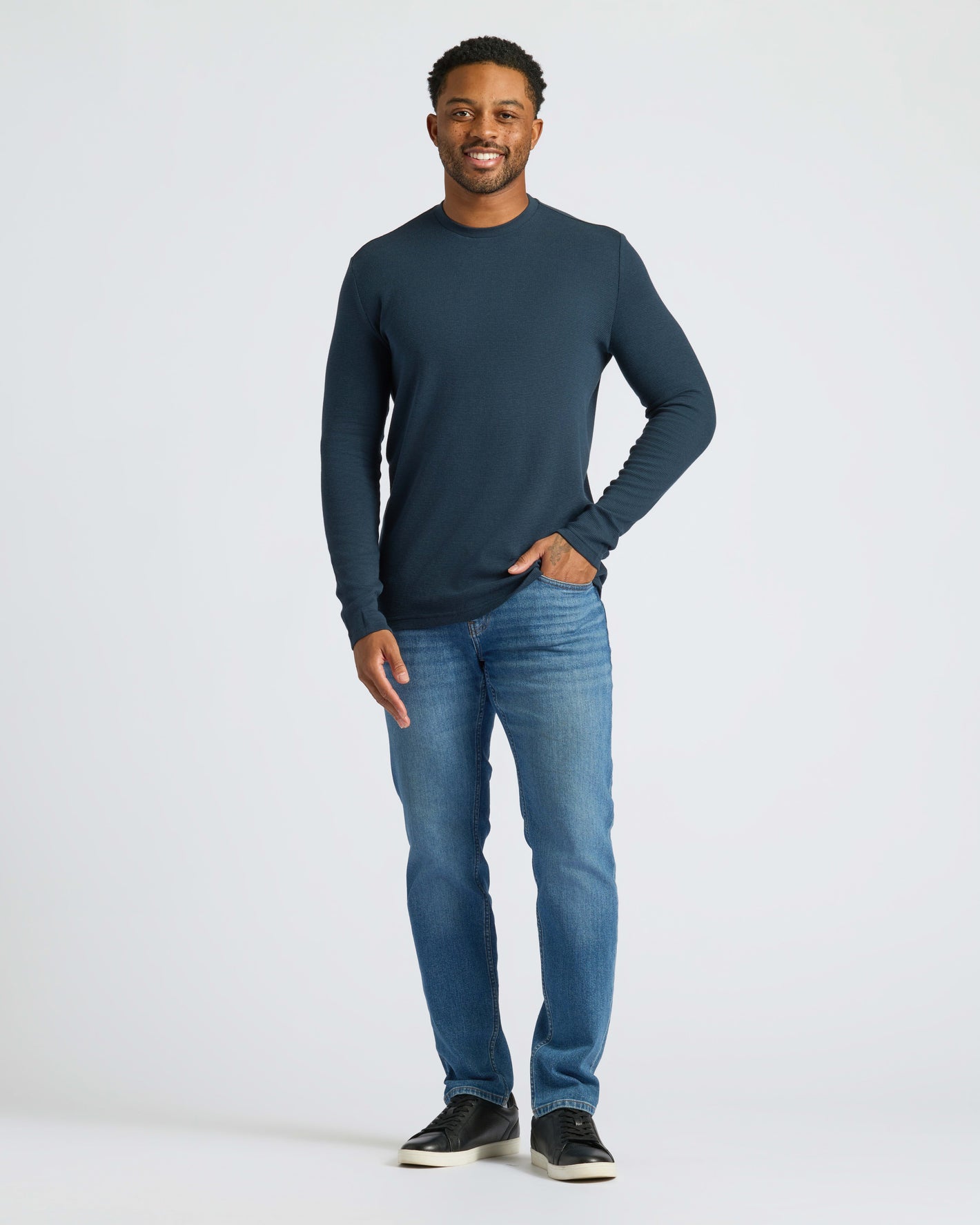 Navy Waffle Long Sleeve Crew Neck