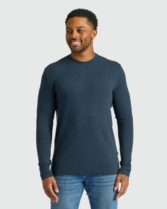 True ClassicNavy Waffle Long Sleeve Crew Neck worn by man, relaxed pose.