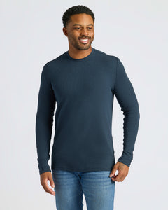 True ClassicMan in Navy Waffle Long Sleeve Crew Neck and jeans.