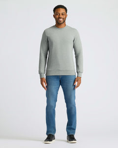 True ClassicMan in Heather Gray Fleece French Terry Pullover Crew Neck, smiling.