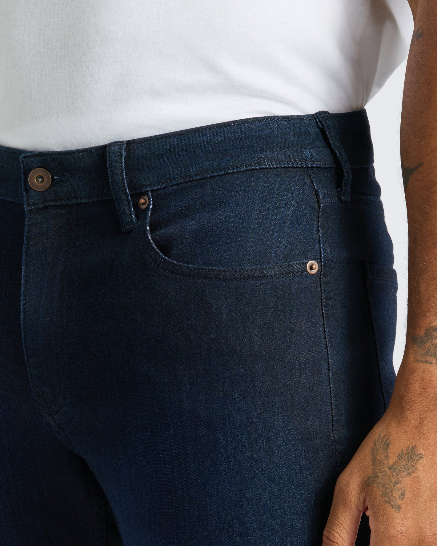 Medium Gray Wash Slim Comfort Stretch Jeans with tattooed arm detail.