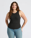 Woman models Womens Black Ribbed High Neck Tank 3-Pack, showcasing its sleek fit.