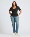 Womens Oatmeal Ribbed Long Sleeve Scoop Neck Tee showcased on model.