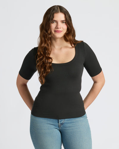 Ribbed 3/4 Sleeve Scoop Neck - Black