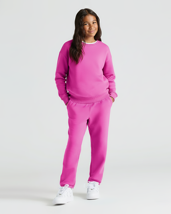 Girl in Girls Electric Fuchsia Slouch Pullover Crew & Relaxed Joggers.