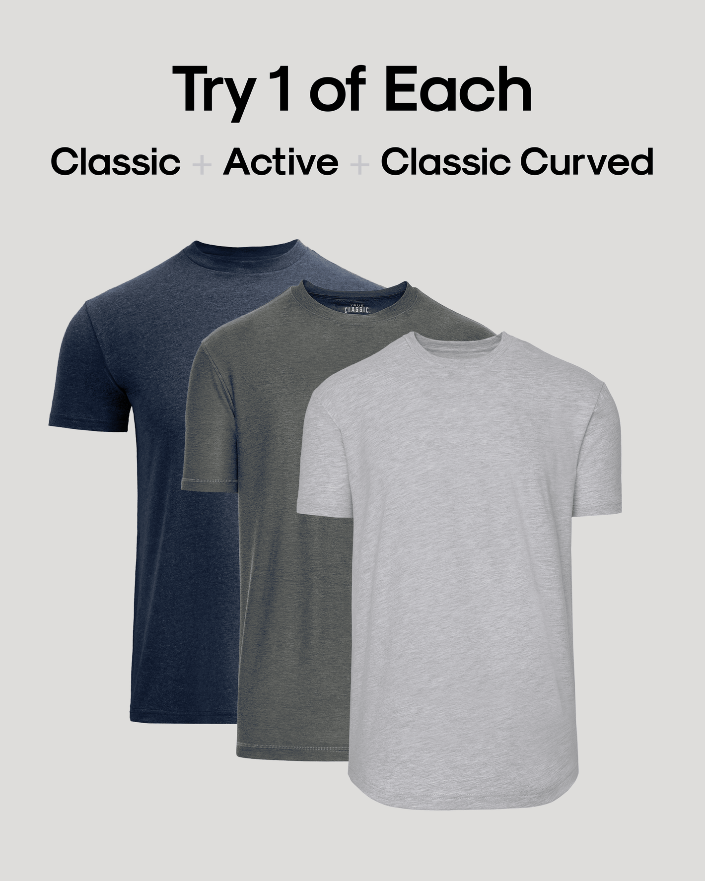 Three men's t-shirts in blue, gray, and gray on a light gray background with text indicating different shirt styles.