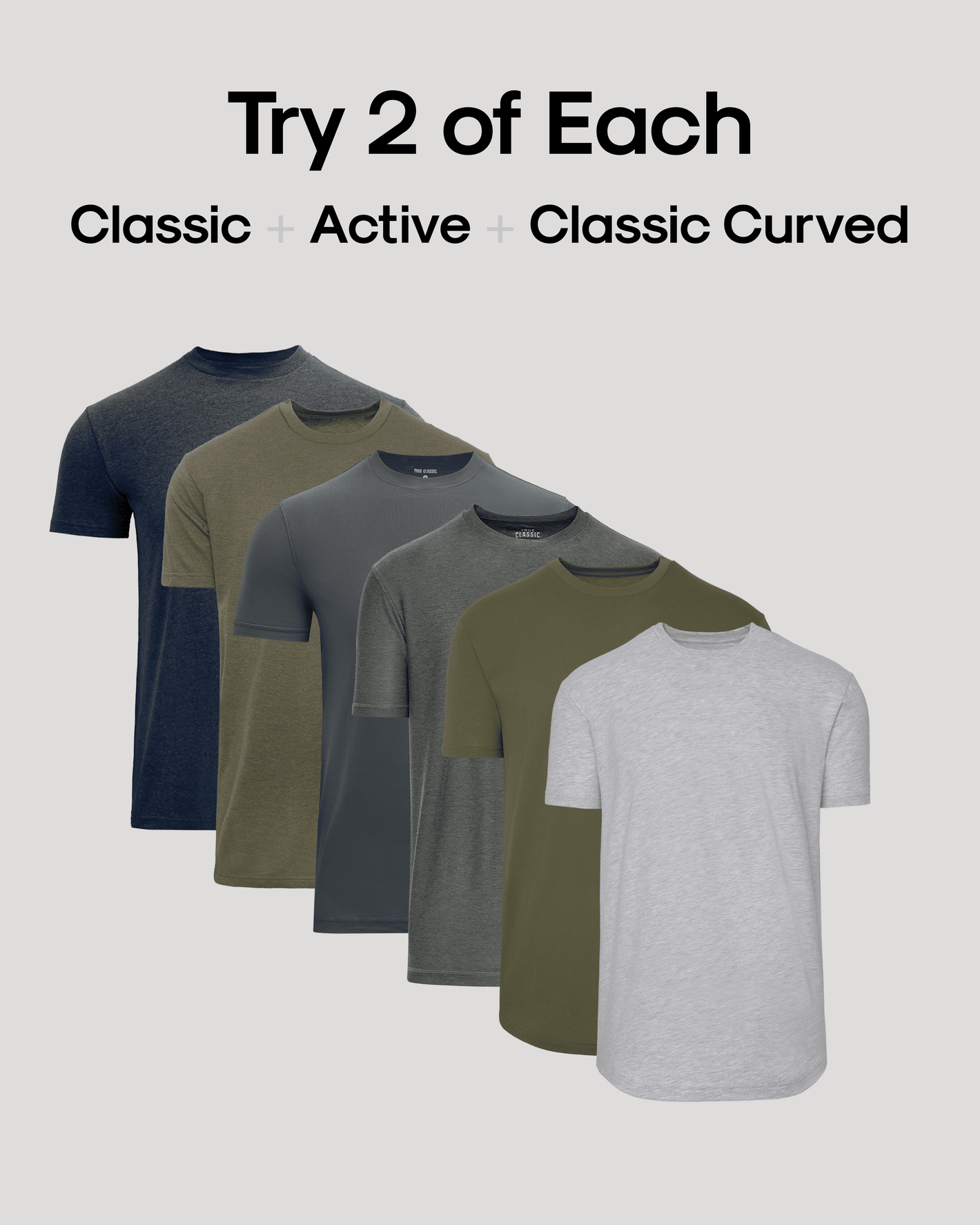 Set of men's t-shirts in various colors on a light gray background with text indicating different styles.