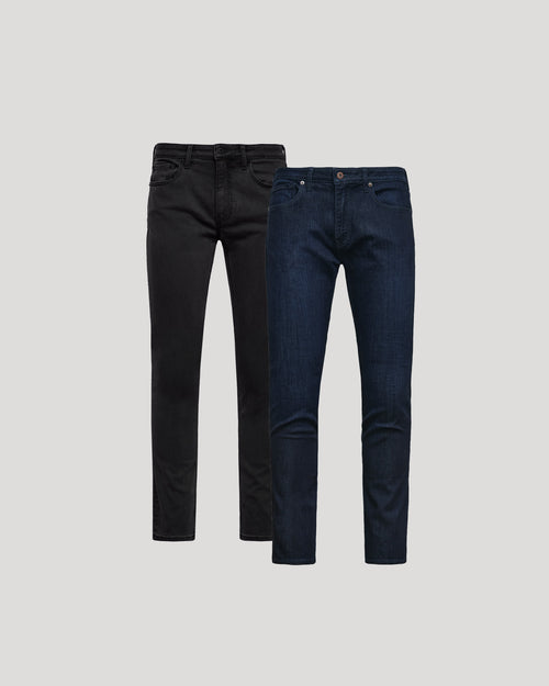 Two slim-fit jeans displayed side by side against a light gray background: one in black denim and one in dark blue denim.