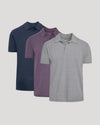 Heather Polo 3-Pack layered shirts with collars and button plackets.