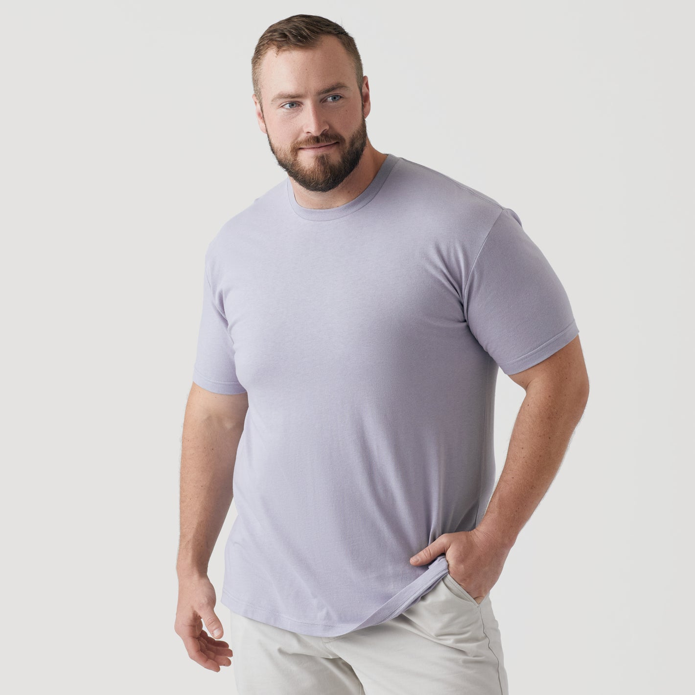 Man modeling Lilac Gray Short Sleeve Crew Neck Tee.