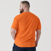 Man wearing Orange Short Sleeve Crew Neck Tee, back facing camera.
