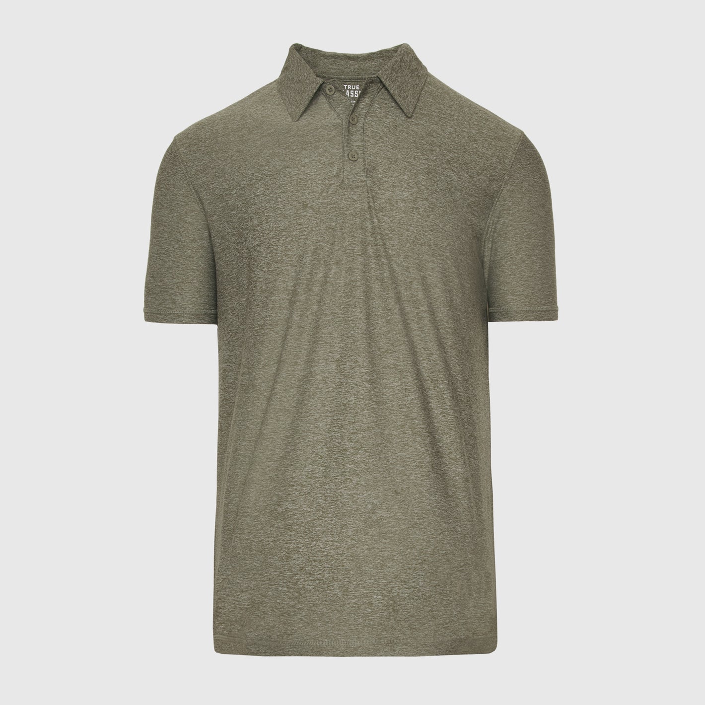 Heather Military Green Active Short Sleeve Polo, featuring a classic collar and three-button placket.