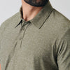 Heather Military Green Active Short Sleeve Polo on man showing collar and placket.