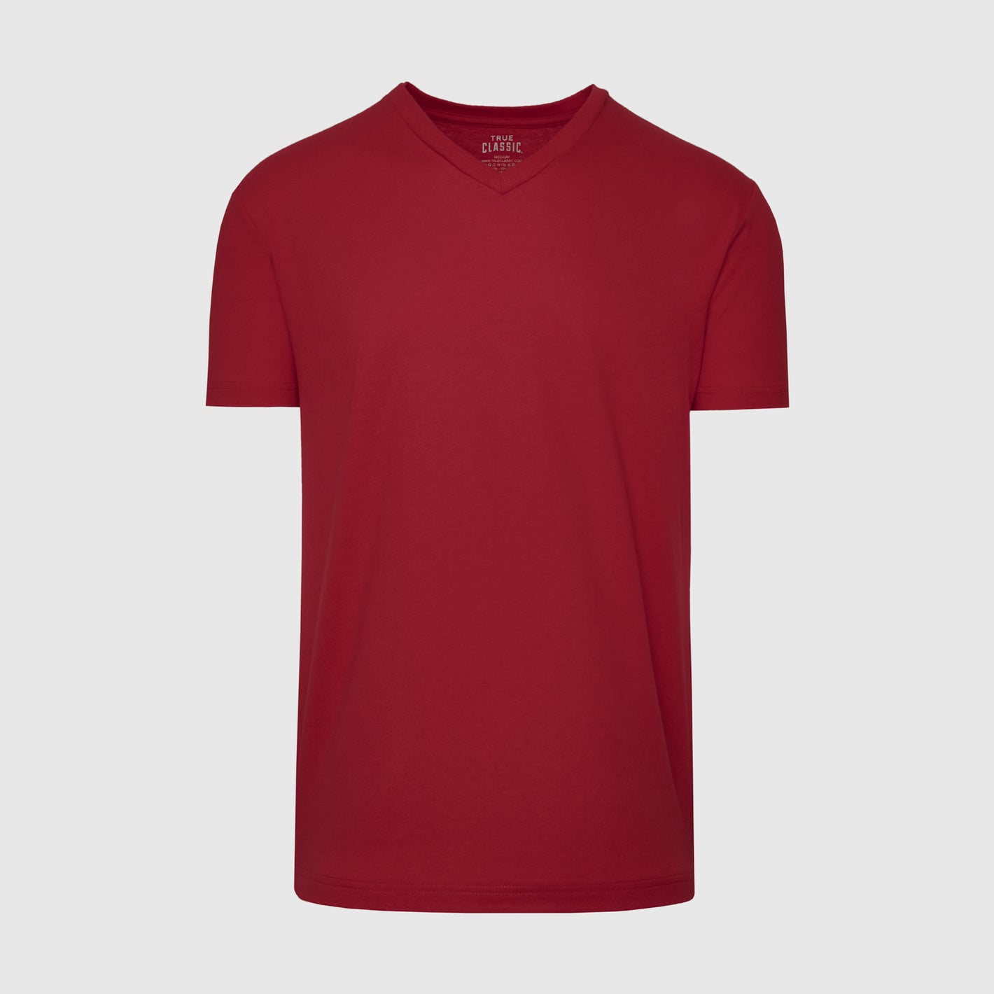 Crimson V-Neck Tee in burgundy on light gray background.