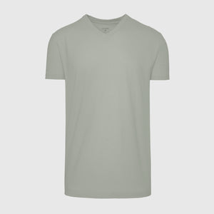 True ClassicSlate Green V-Neck Tee laid flat, showcasing its fitted style.
