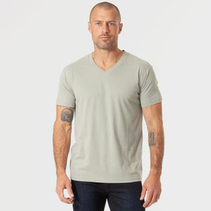 True ClassicMan wearing Slate Green V-Neck Tee and dark jeans.