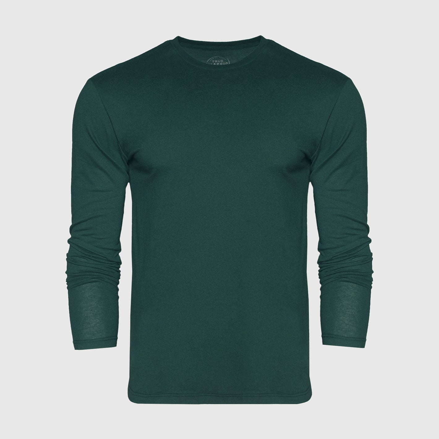 Forest Green Long Sleeve Crew Neck Tee laid flat on neutral background.