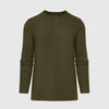 Military Green Waffle Long Sleeve Henley, waffle-knit texture, three-button placket.