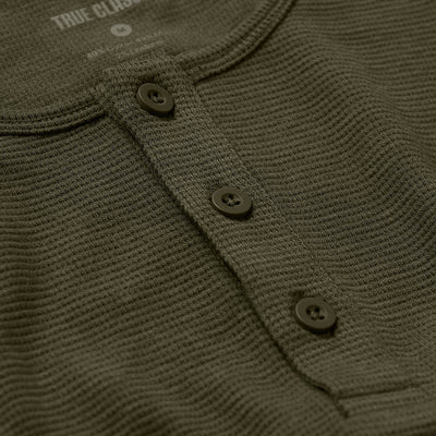 Waffle Long Sleeve Henley - Military Green