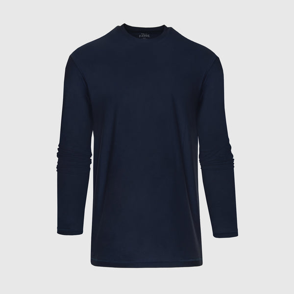 Navy Active Long Sleeve Crew T-Shirt, laid flat on neutral background.