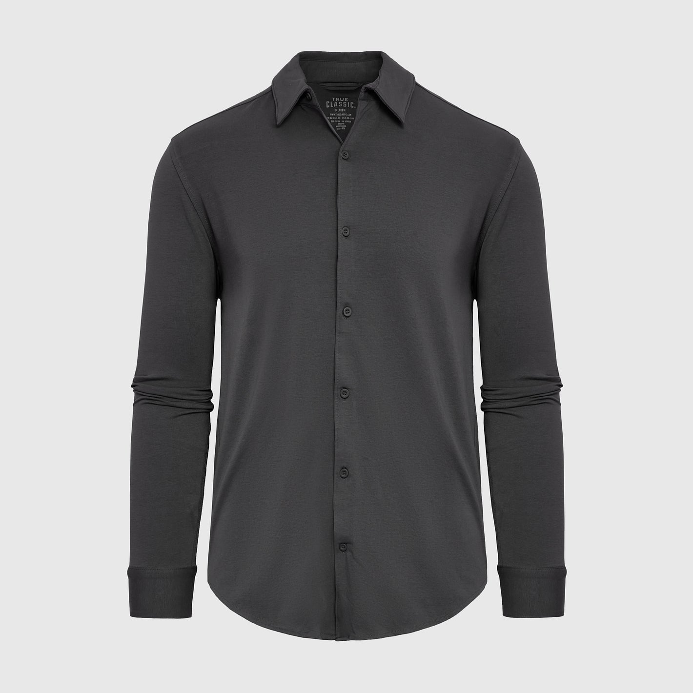 True Classic Men’s Knit Button-Up Shirt, charcoal-grey, soft stretch cotton, button-down.