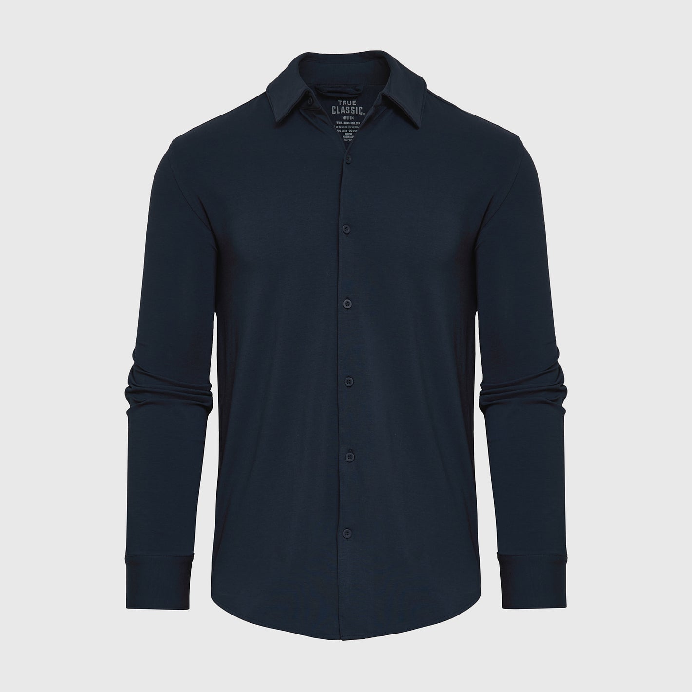 True Classic Men’s Knit Button-Up Shirt, navy, long-sleeve, button-down, classic style.