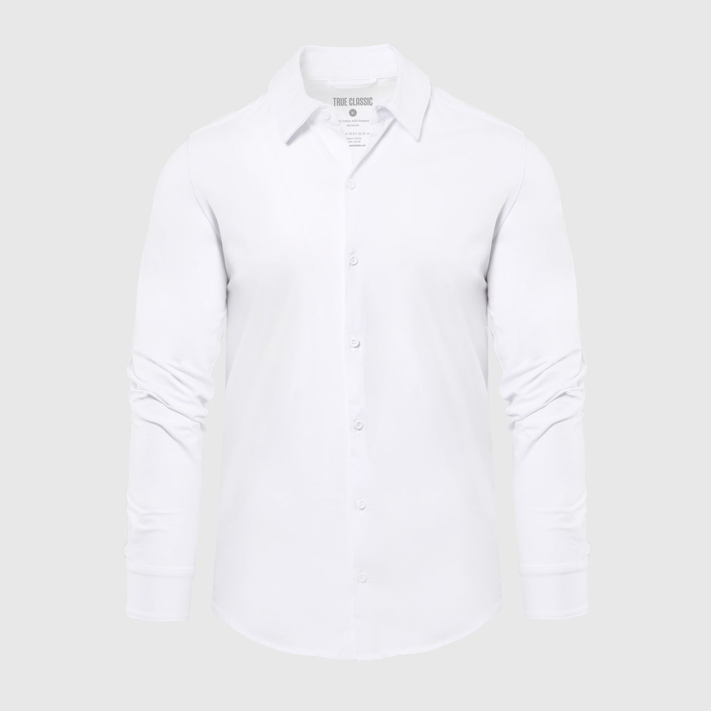 White Button Up Shirt, long-sleeve, with classic collar and button cuffs.