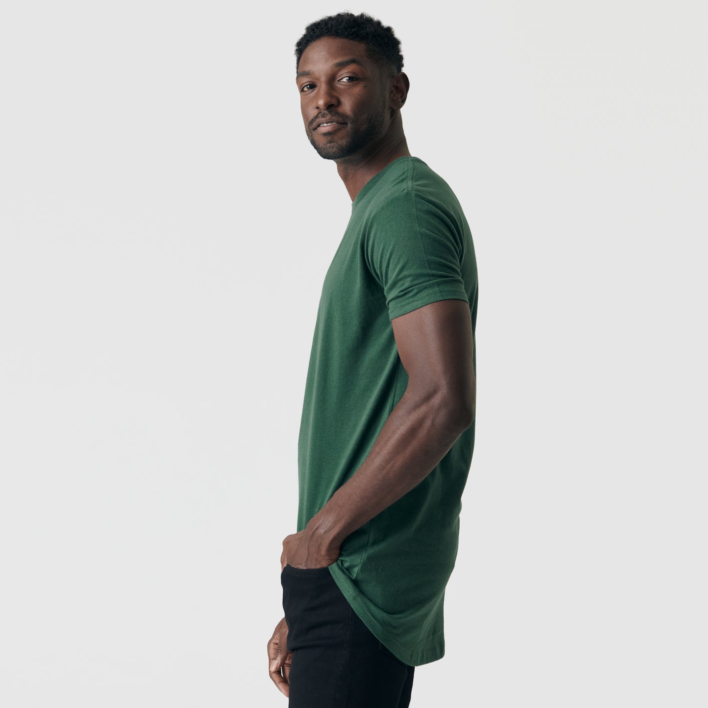 Hunter Green Tall Round Hem Crew Neck T-Shirt worn by a man.